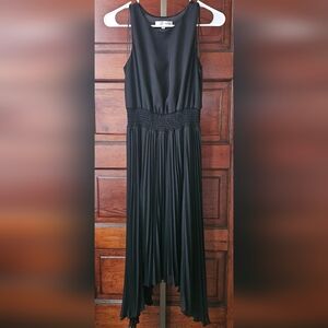 S, WD•NY, Sleeveless Halter Mock Neck Smocked Pleated Crepe Chiffon A-Line Dress